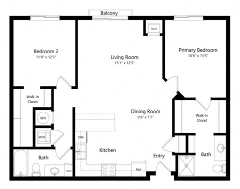Floor plan for 2 beds, 2 baths, 1116 sqft